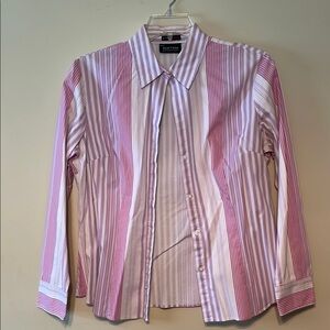 New York & Company Pink and White Button Down Shirt Women Size L
